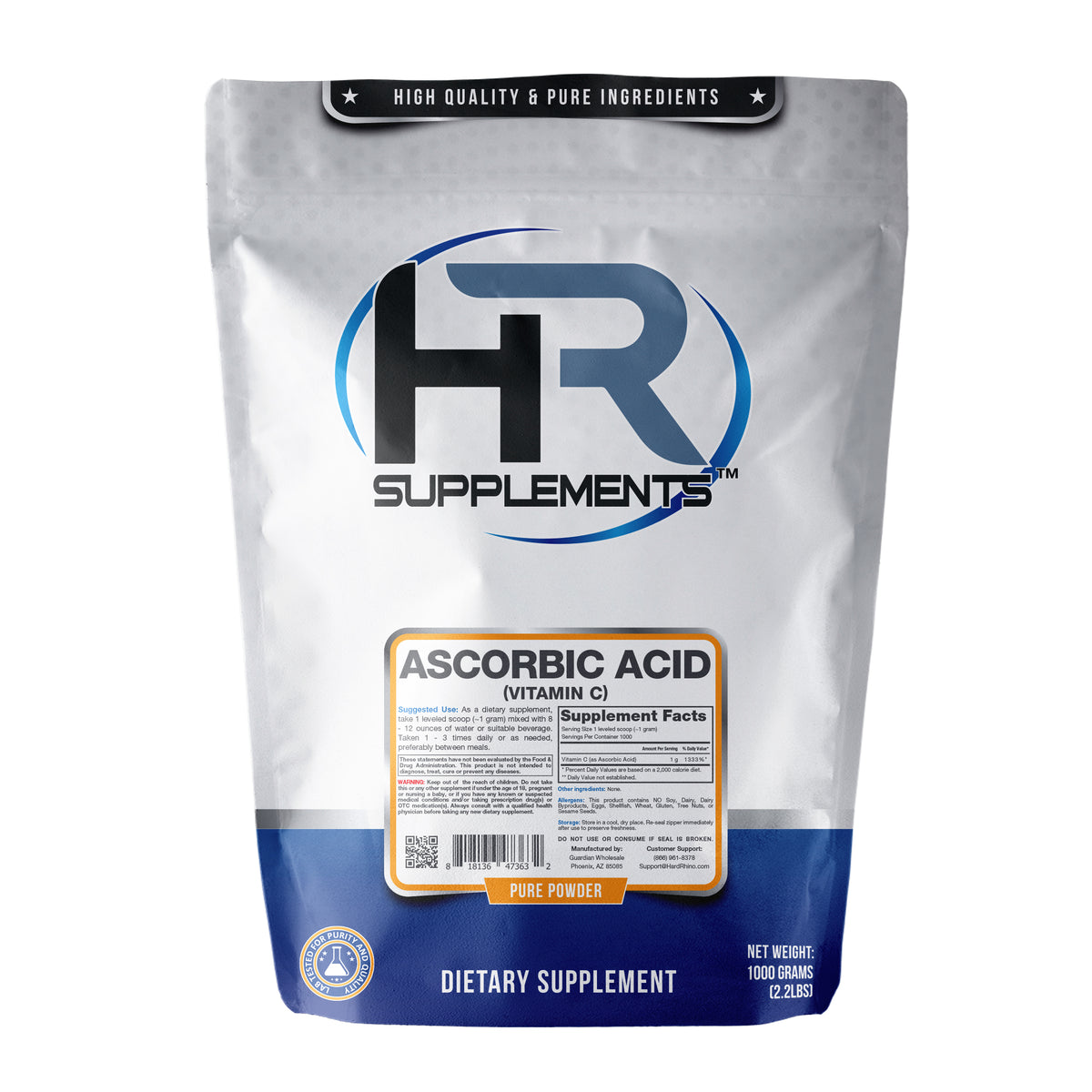 Ascorbic Acid (Vitamin C) Powder (1000 grams) — product packaging