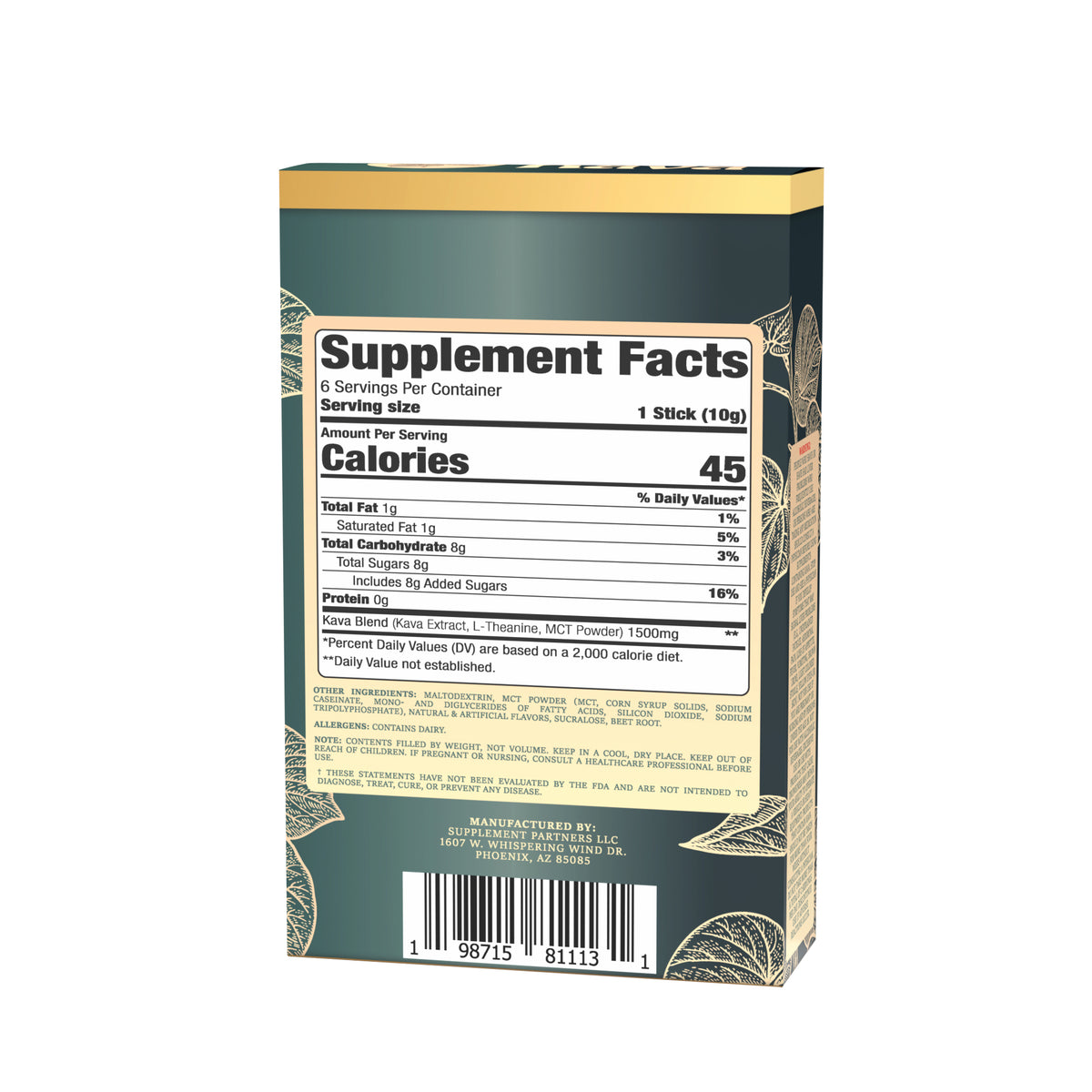 Kava + L-Theanine & MCT Drink Mix | Strawberry Flavor | 6-Packs — package label